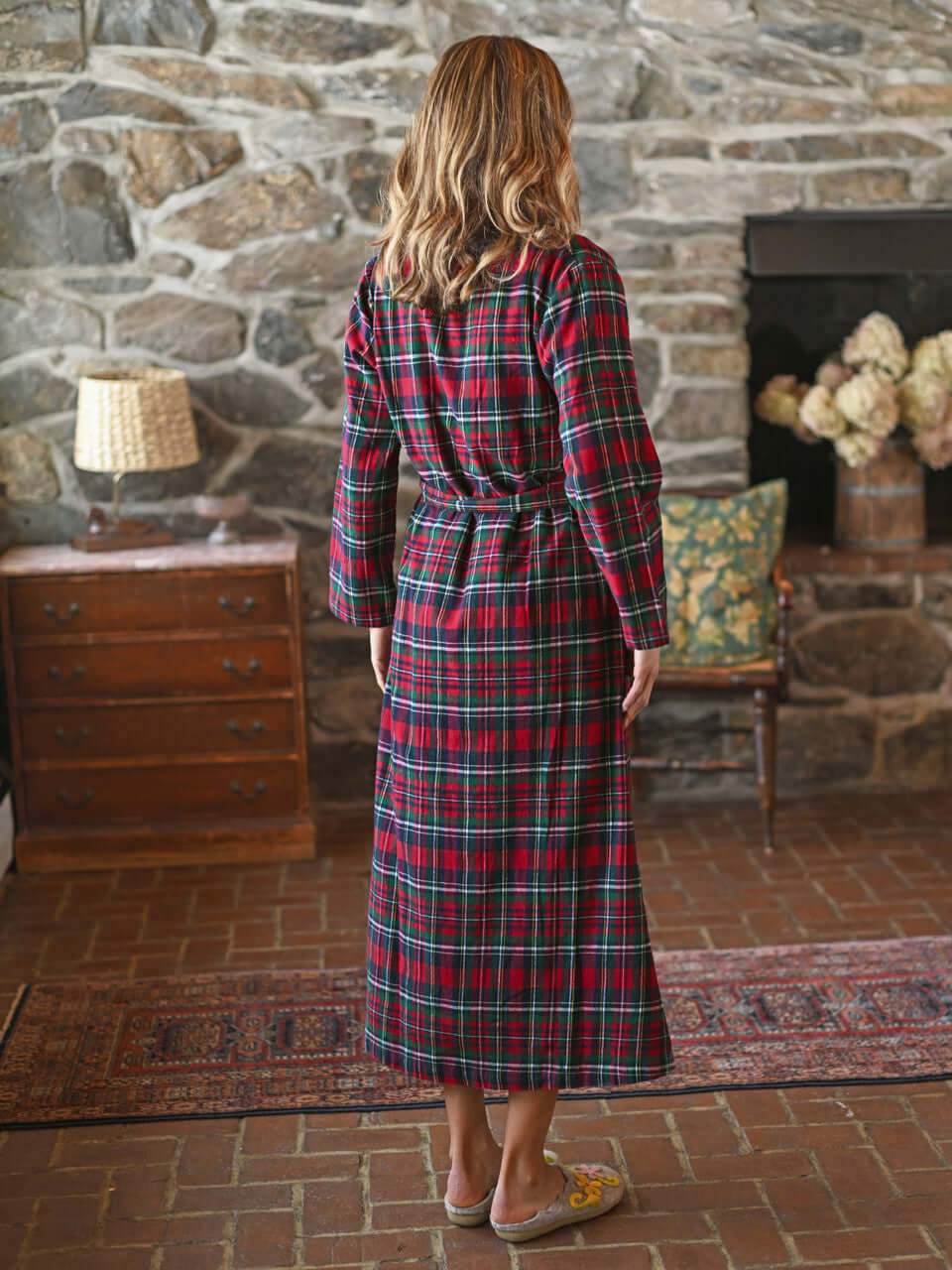 women's yuletide ong red plaid robe with embroidery for holiday by April Cornell