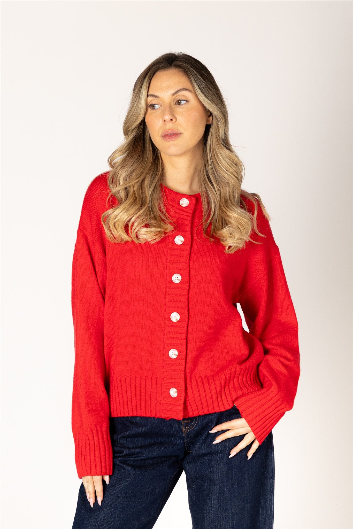 Lyla & Luxe Beau Essentials Cardigan Poppy Red ribbed button-front front view — Cloud Nine Pajamas