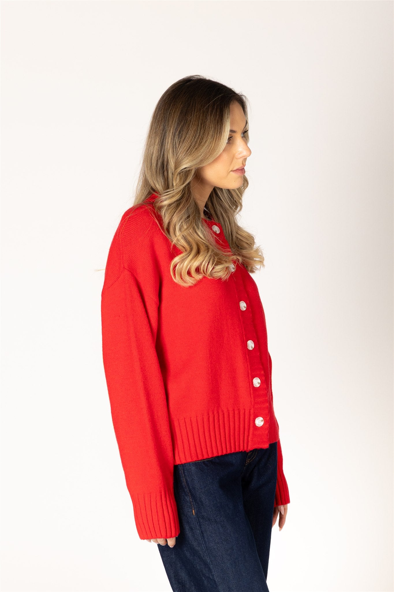 Lyla & Luxe Beau Essentials Cardigan Poppy Red ribbed button-front side view — Cloud Nine Pajamas