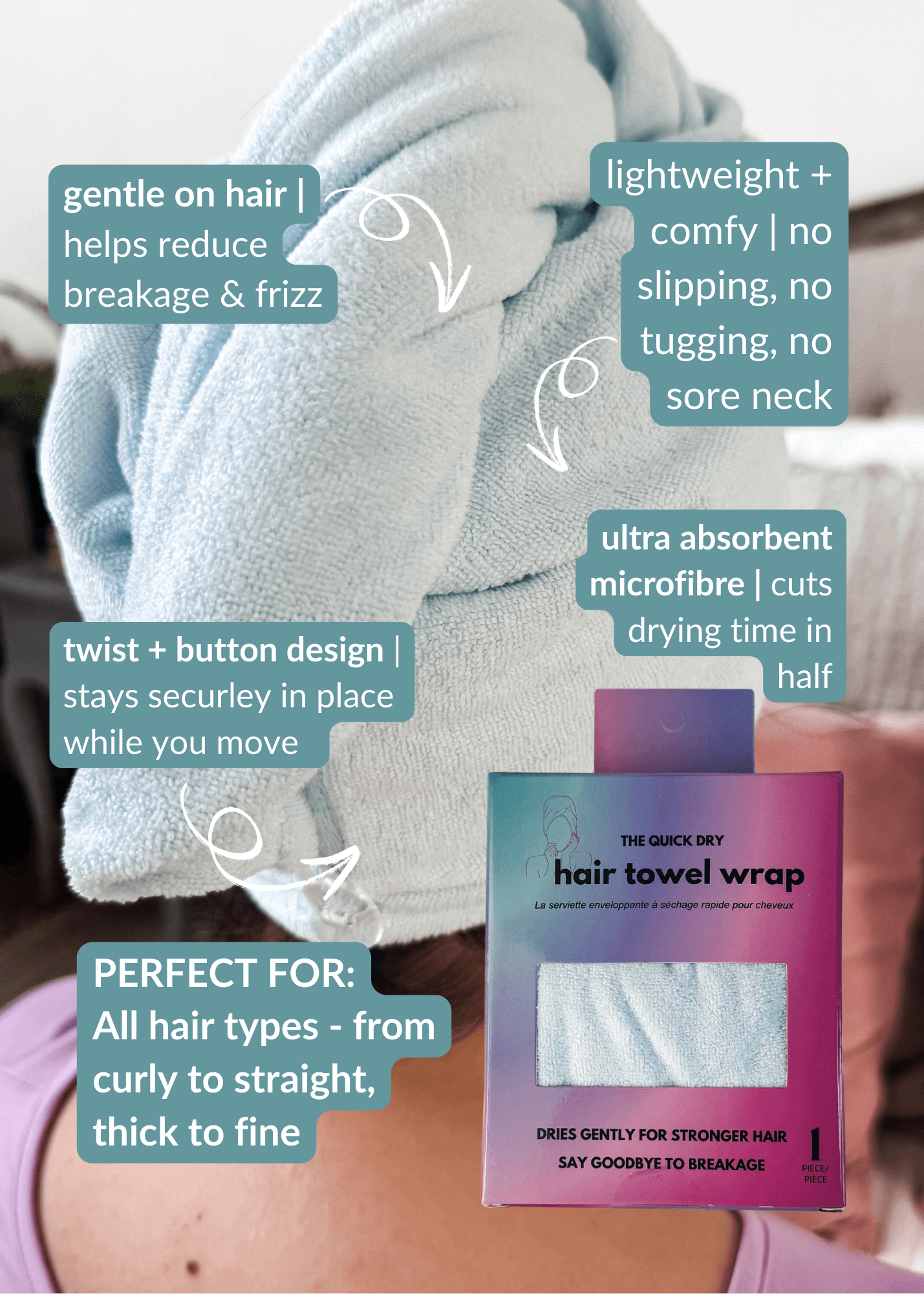 Hair towel wrap with text highlighting features and benefits, displayed on a person using it. Remove It Quick Dry Microfiber Hair Towel Wrap – Anti-Frizz