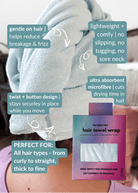 Hair towel wrap with text highlighting features and benefits, displayed on a person using it. Remove It Quick Dry Microfiber Hair Towel Wrap – Anti-Frizz