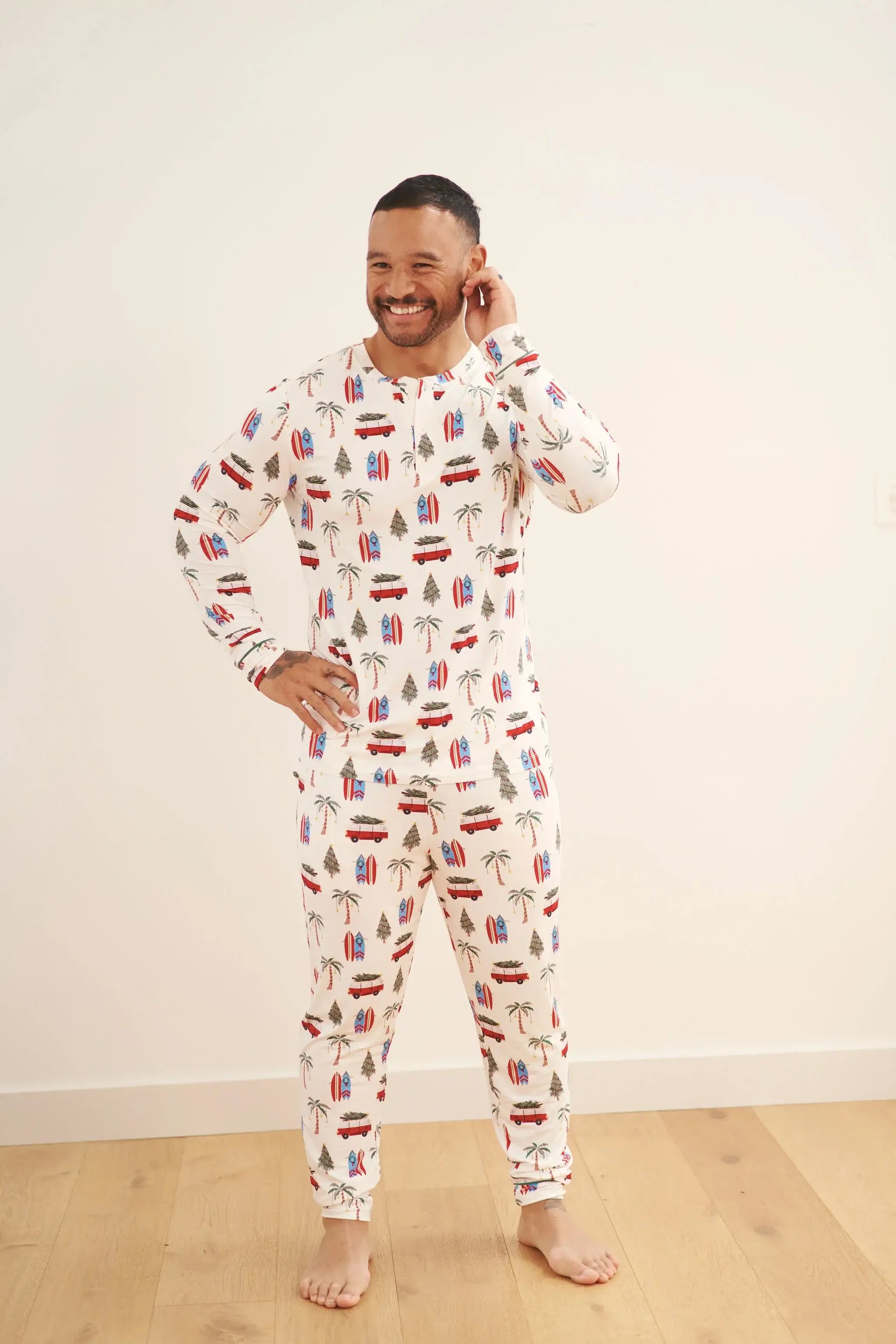 Cali Beachy Christmas Men's Bamboo Henley Jogger Set with festive design, perfect for holiday comfort and style.