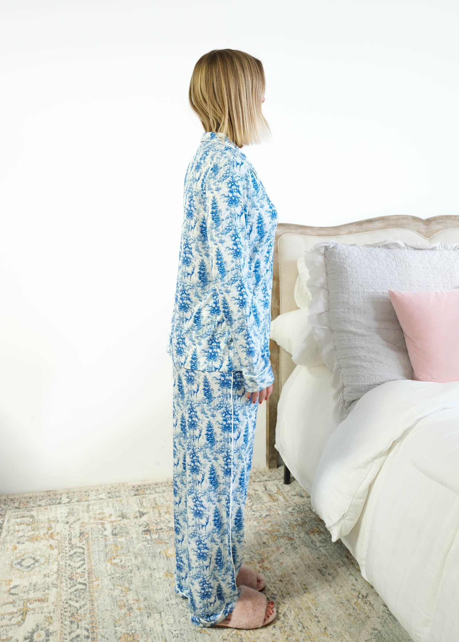 Georgia Rylan Midnight Forest Toile PJ Set side view piped cuffs outer seam detail — Cloud Nine Pajamas Edmonton