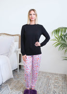 Georgia Rylan Black Long Sleeve Catwalk Print Jogger Bamboo PJ Set front view on model with shirt untucked — Cloud Nine Pajamas Edmonton