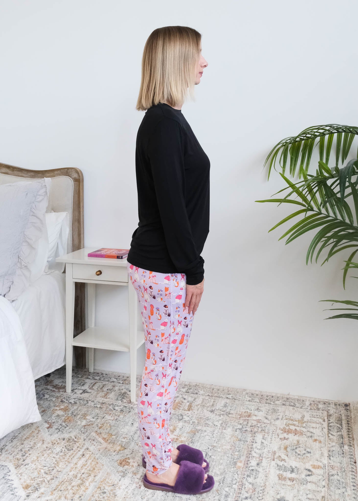 Georgia Rylan Black Long Sleeve Catwalk Print Jogger Bamboo PJ Set side view on model — Cloud Nine Pajamas Edmonton