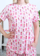 Georgia Rylan Chic Puppies Print Tee and Short Bamboo PJ Set close up of long tee shirt and pocket details — Cloud Nine Pajamas Edmonton