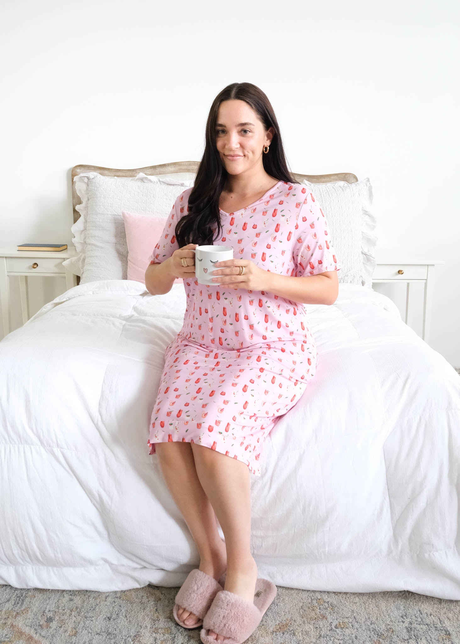 Georgia Rylan Cozy Cocktails Bamboo Nightshirt lifestyle seated model with mug looking up — Cloud Nine Pajamas Edmonton