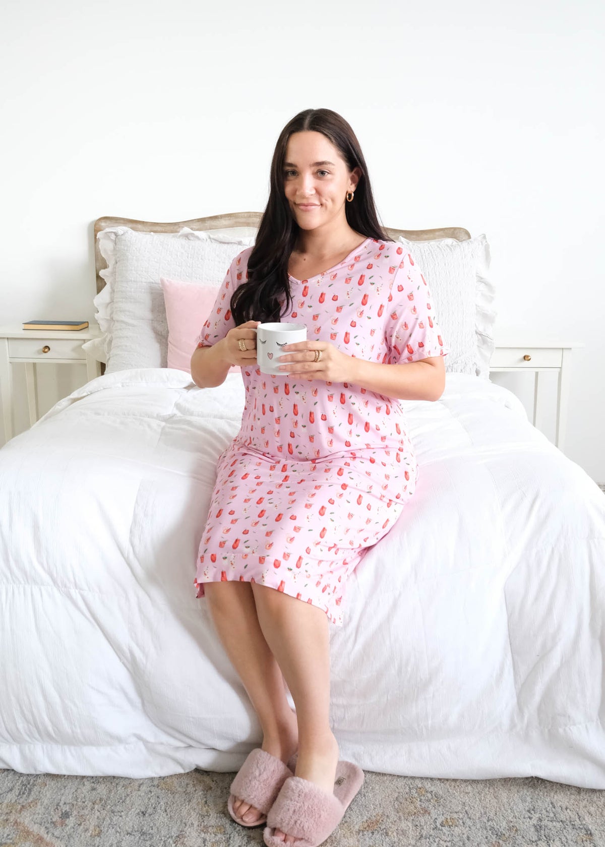 Georgia Rylan Cozy Cocktails Bamboo Nightshirt lifestyle seated model with mug looking up — Cloud Nine Pajamas Edmonton