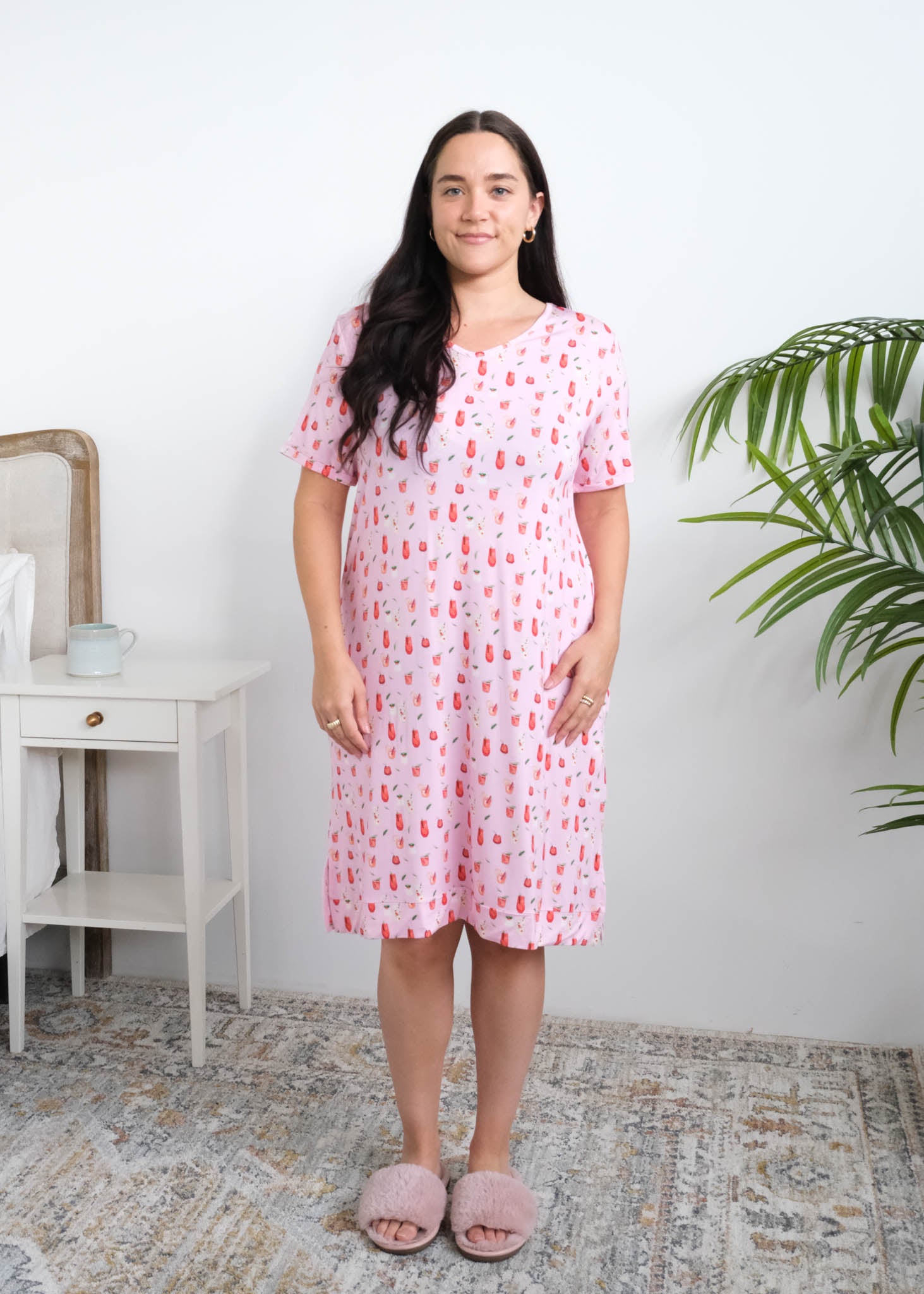Georgia Rylan Cozy Cocktails V-Neck Bamboo Nightshirt lifestyle front view — Cloud Nine Pajamas Edmonton