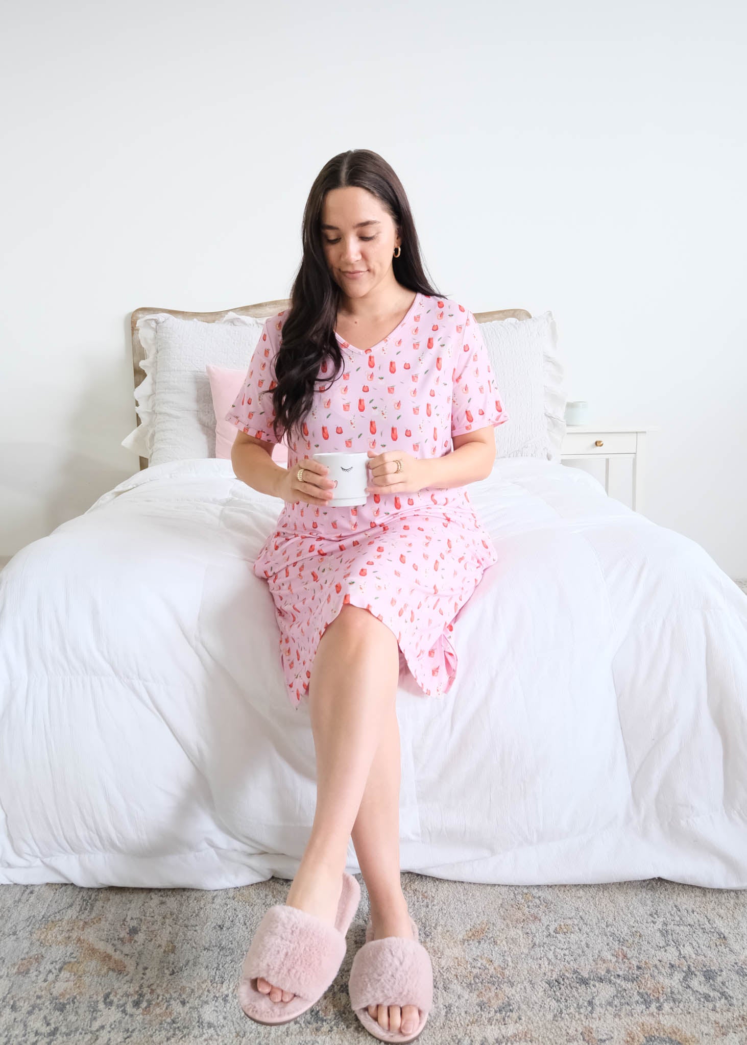 Georgia Rylan Cozy Cocktails Bamboo Nightshirt lifestyle seated model with mug — Cloud Nine Pajamas Edmonton