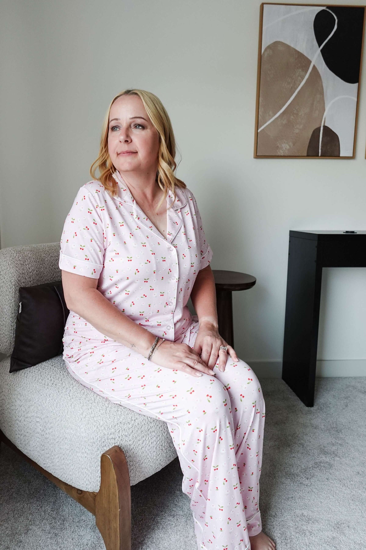 Button Up/Straight Pant PJ Set Bamboo Pink Cherries – Cloud