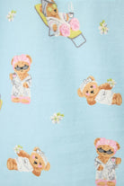 Beary Cute Bear print featuring adorable bears in spa attire on a blue flannel fabric for the Beary Cute Bear PJ Set.