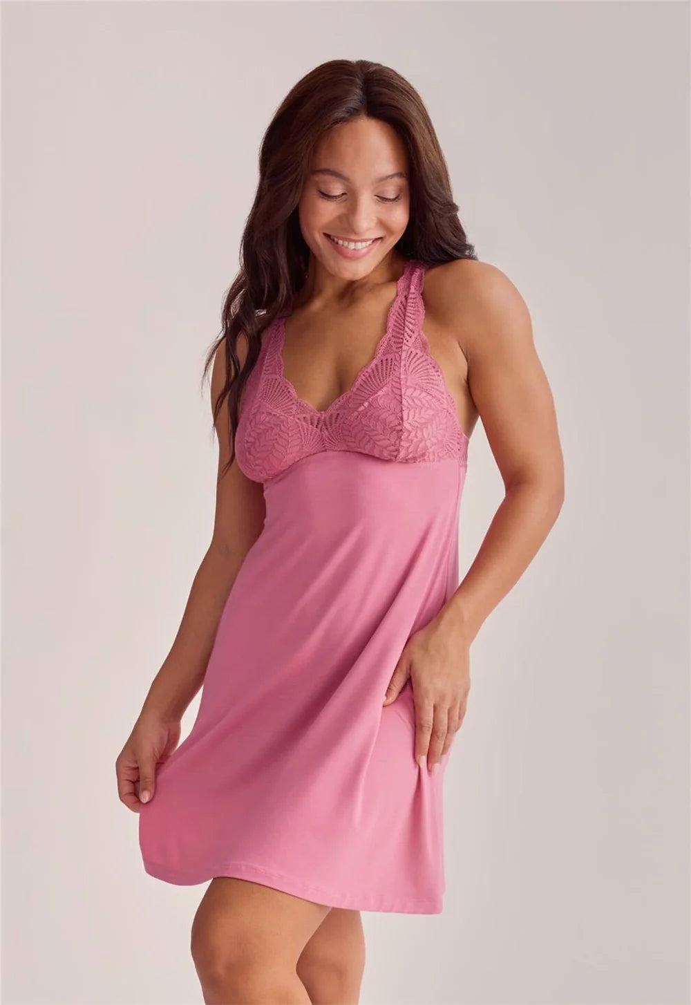 Fleur't Belle Epoque Chemise Lipstick model side view showing 34" length — Cloud Nine Pajamas