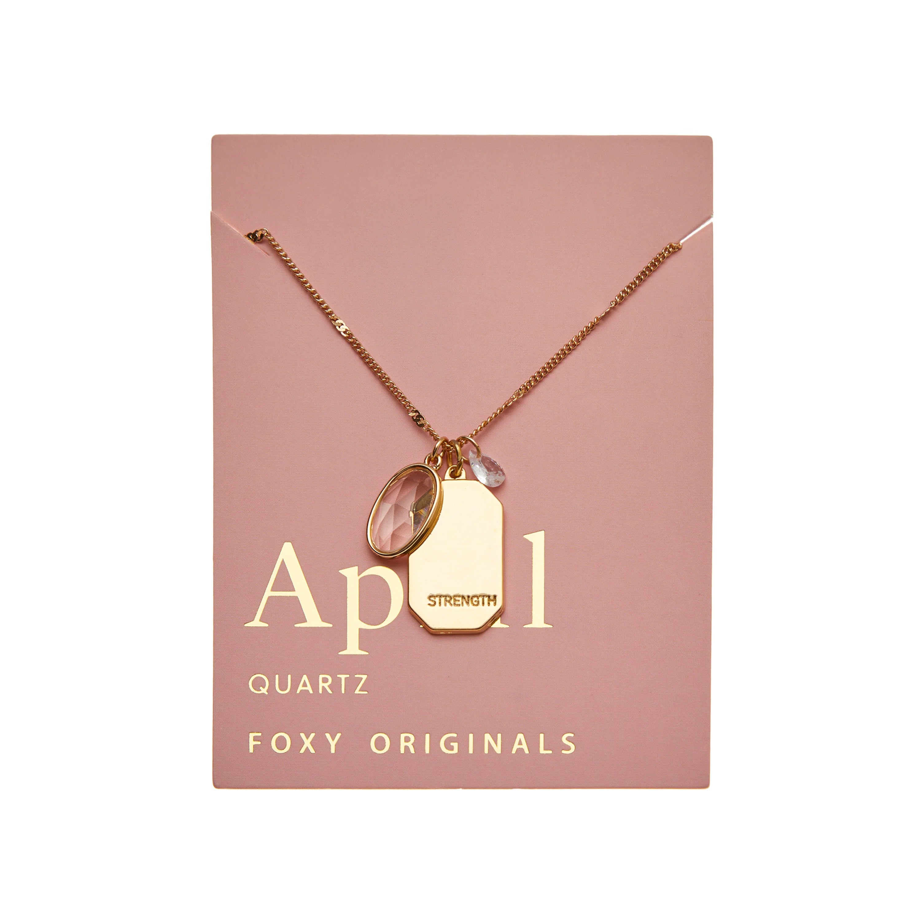 Birthstone Charm Necklace in 14k Plated Gold featuring April quartz and 'Strength' intention word by Foxy Originals.