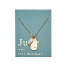 Birthstone Charm Necklace in 14k Plated Gold featuring a pearl and 'LOVE' charm on a blue card by Foxy Originals.
