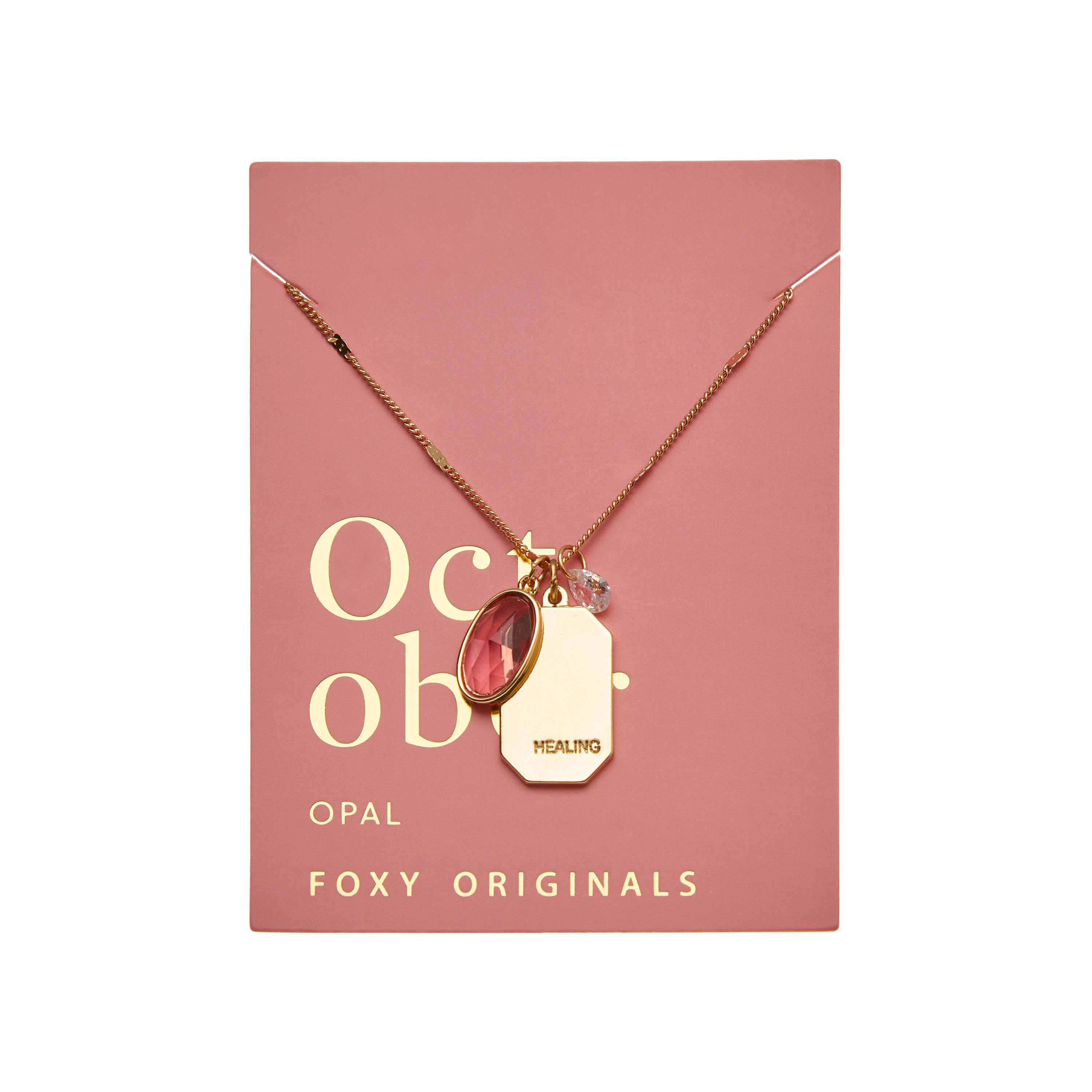 Birthstone Charm Necklace in 14k Plated Gold featuring October opal and healing intention, handcrafted by Foxy Originals.
