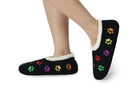 Snoozies Mini Embroidery Slipper Socks Mini Paws Black lifestyle on feet — Cloud Nine Pajamas Edmonton