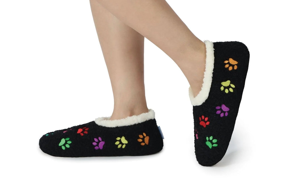 Snoozies Mini Embroidery Slipper Socks Mini Paws Black lifestyle on feet — Cloud Nine Pajamas Edmonton