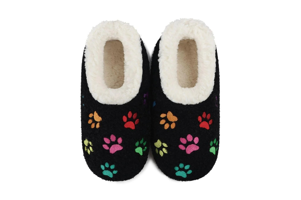 Snoozies Mini Embroidery Slipper Socks Mini Paws Black embroidered paw prints front view — Cloud Nine Pajamas Edmonton