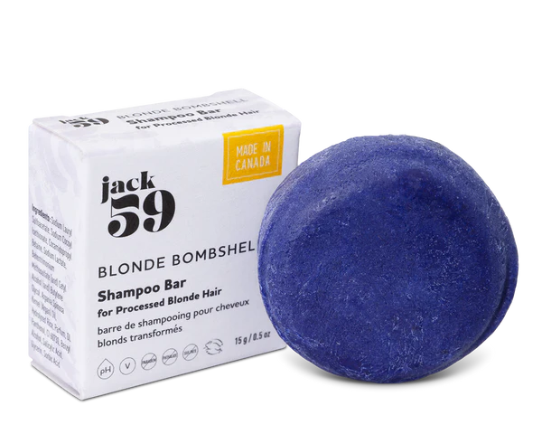 Jack59 Travel Buddies Shampoo Bar in blonde bombshell formula for processed blonde hair, eco-friendly packaging.