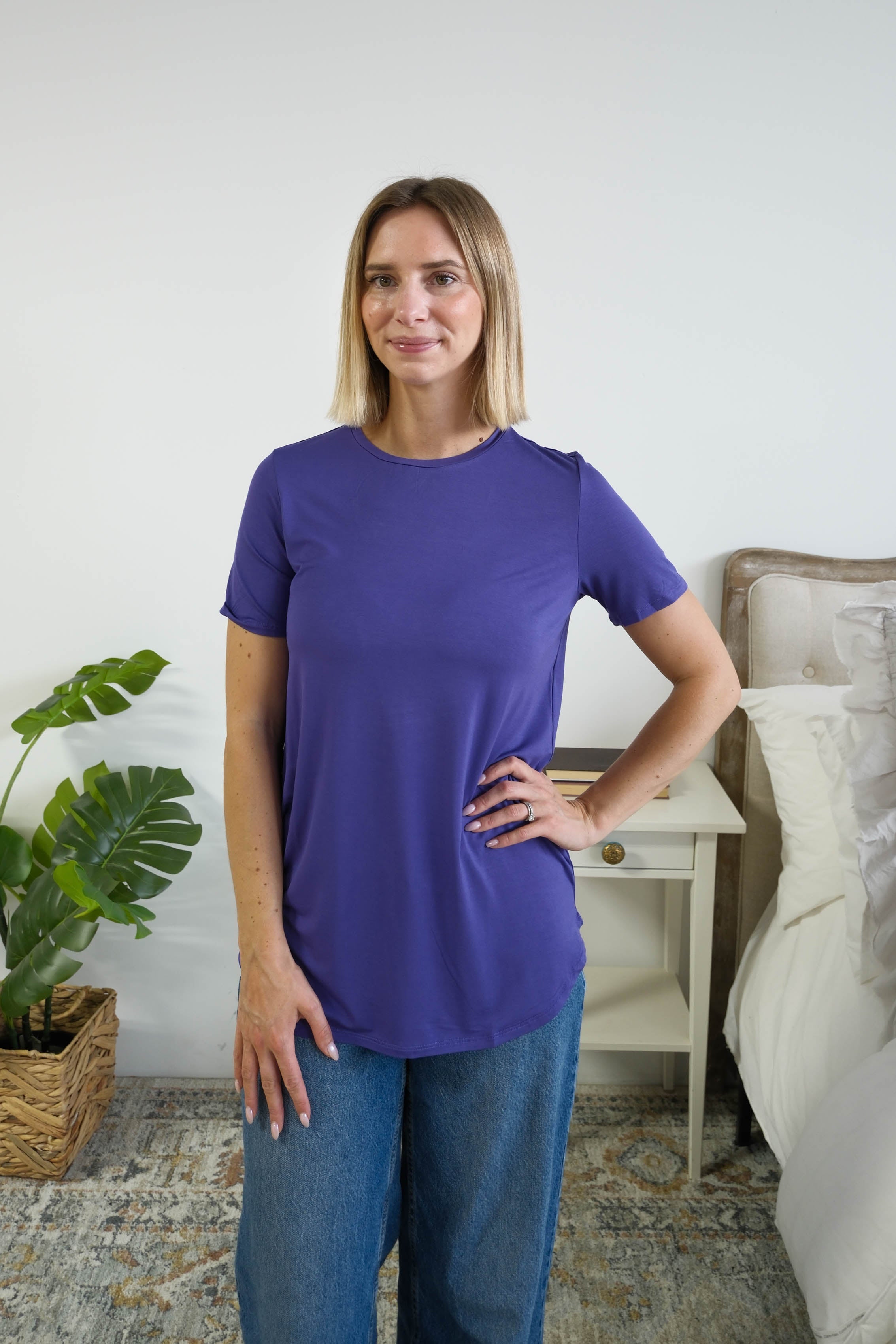 Georgia Rylan Essential Bamboo Tee Blueberry — Miranda 5'7" wearing Small, styled with wide-leg denim — Cloud Nine Pajamas Edmonton