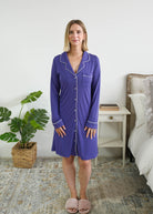 Georgia Rylan Bamboo Button-Up Nightshirt Blueberry with cream piping — Miranda 5'7" wearing Small — Cloud Nine Pajamas Edmonton