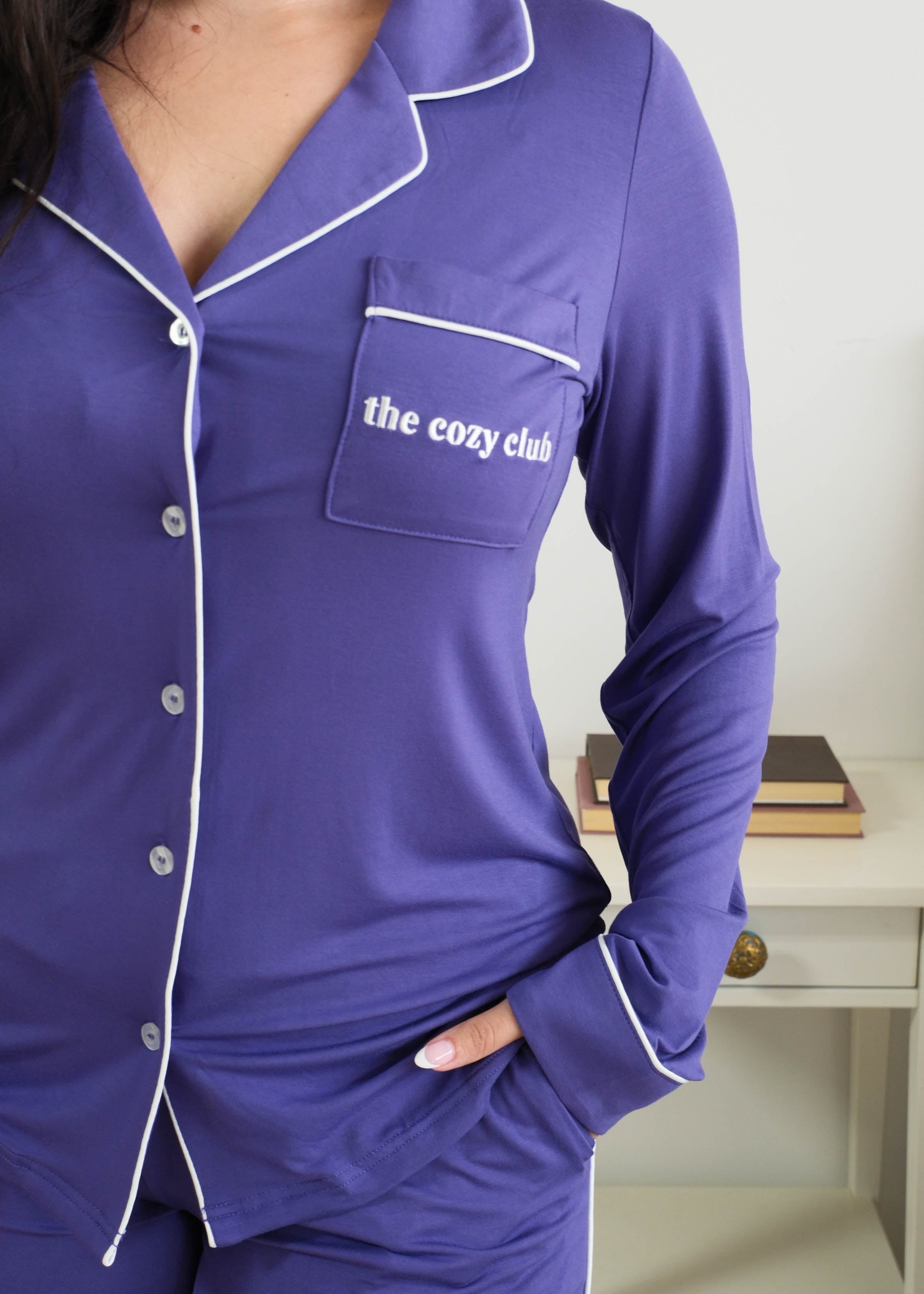 Georgia Rylan Blueberry PJ Set the cozy club chest pocket embroidery detail — Cloud Nine Pajamas