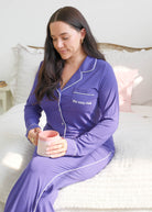 Georgia Rylan Bamboo Button-Up PJ Set Blueberry lifestyle — Cloud Nine Pajamas Edmonton