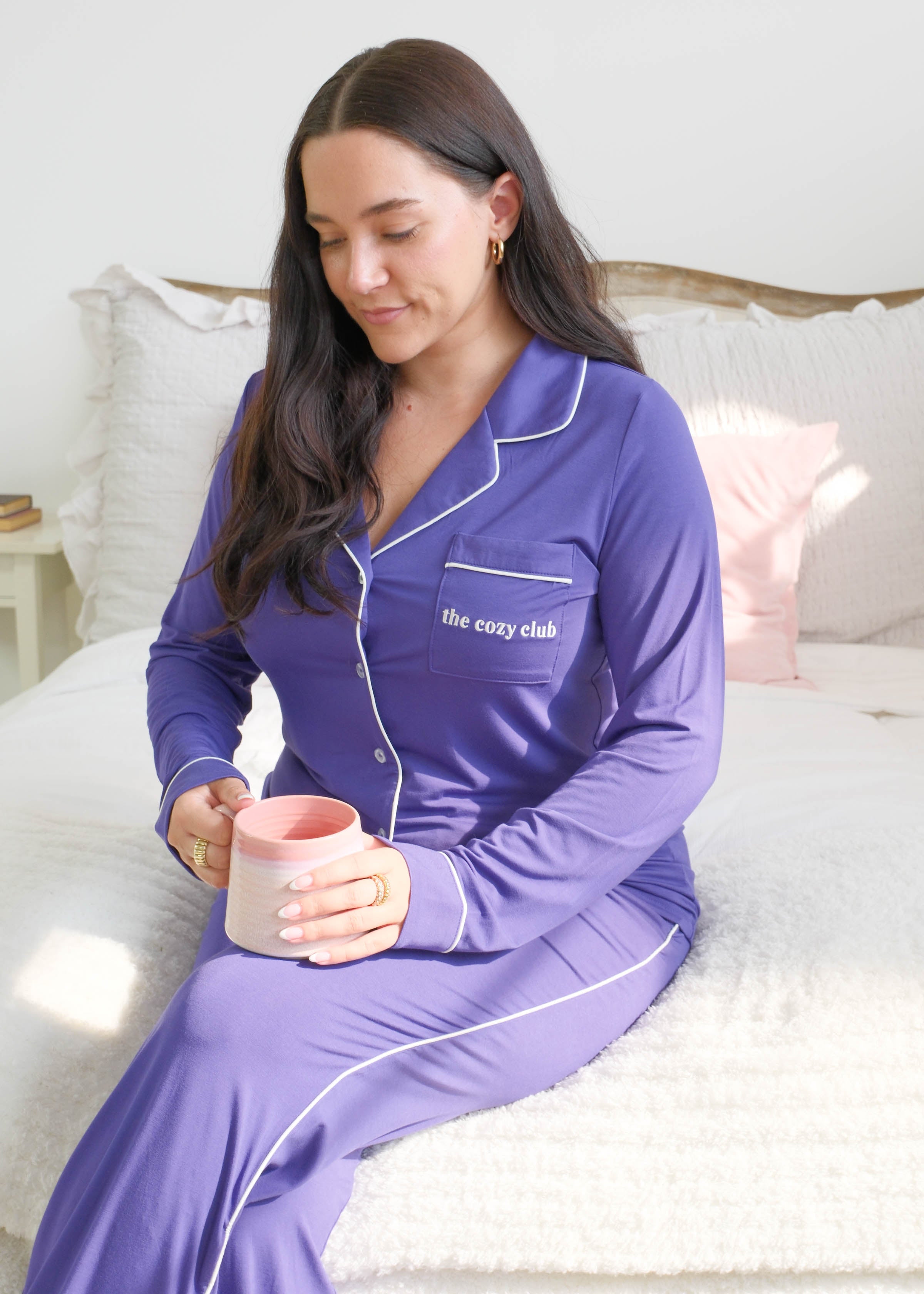 Georgia Rylan Bamboo Button-Up PJ Set Blueberry lifestyle — Cloud Nine Pajamas Edmonton