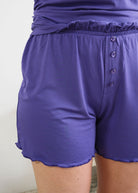 Georgia Rylan Blueberry shorts ruffle hem detail — Cloud Nine Pajamas