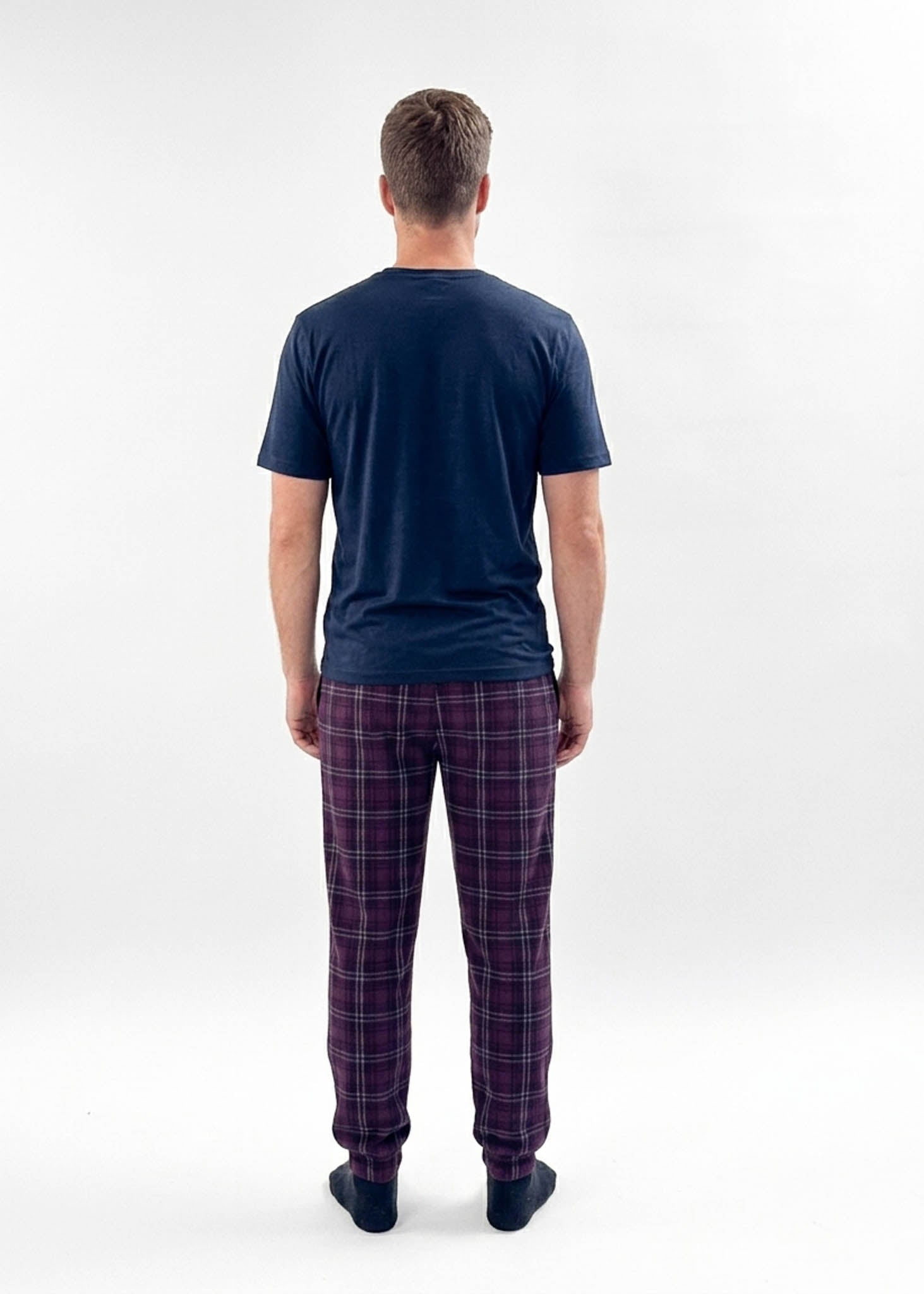 Bob's Sleepwear Co. Dark Red Plaid Bamboo Jogger Pant back view on model — Cloud Nine Pajamas Edmonton