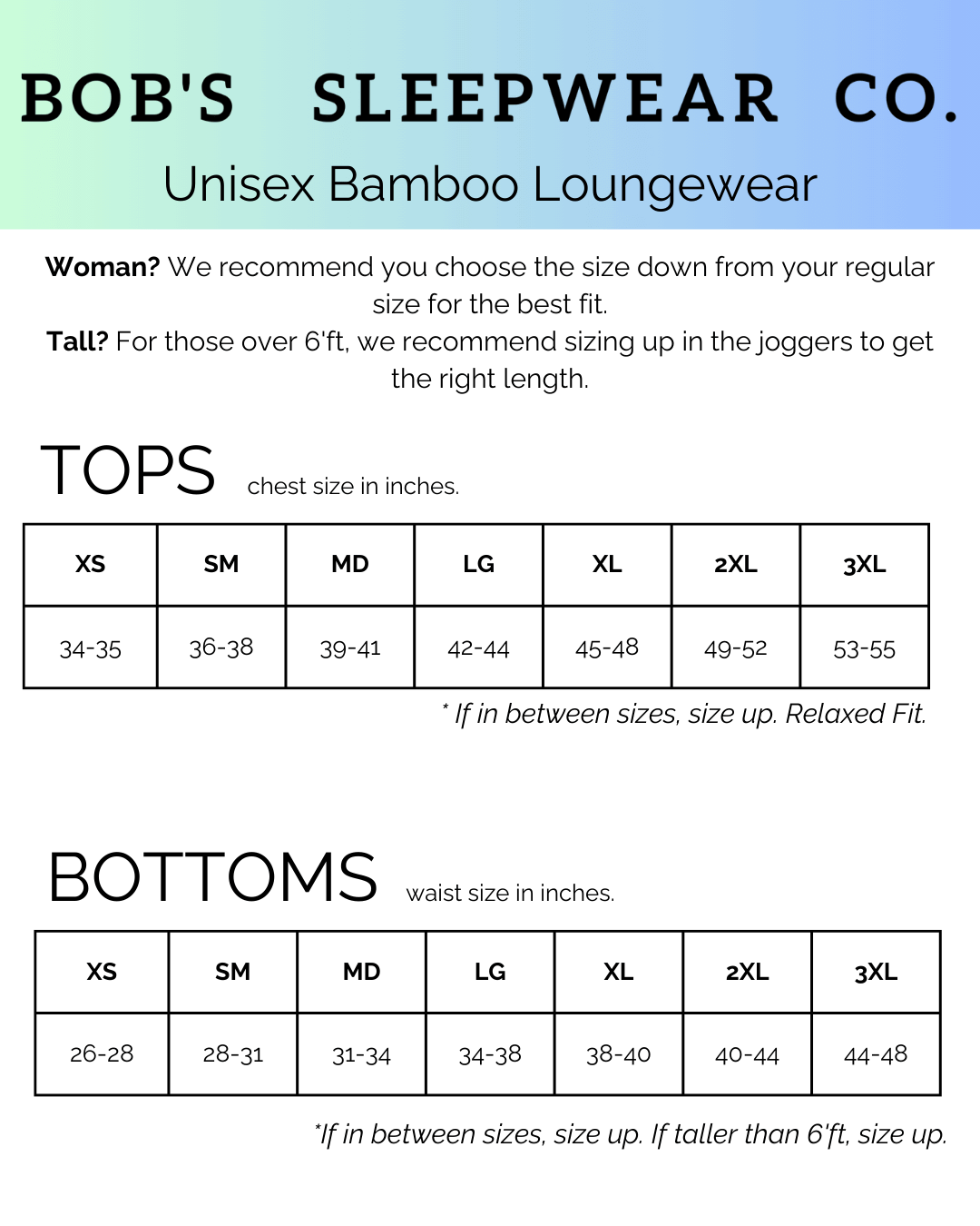 Size chart for Bob's Sleepwear Co. Unisex Bamboo Lougewear with recommendations for tops and bottoms.
