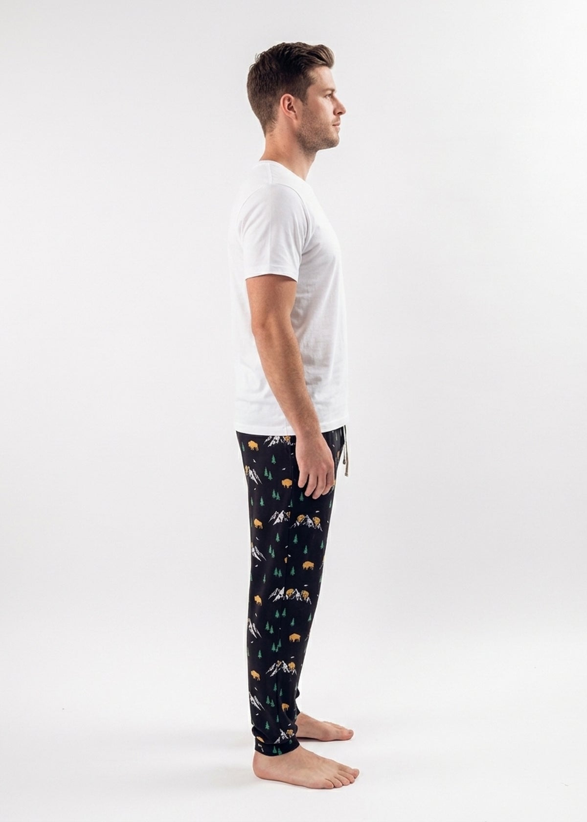 Bob's Sleepwear Co. Mountains Bamboo Jogger Pant men's side view — Cloud Nine Pajamas Edmonton