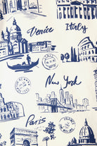 Bon Voyage 3-Piece Flannel PJ Set design featuring iconic landmarks: Venice, New York, and Paris illustrations.