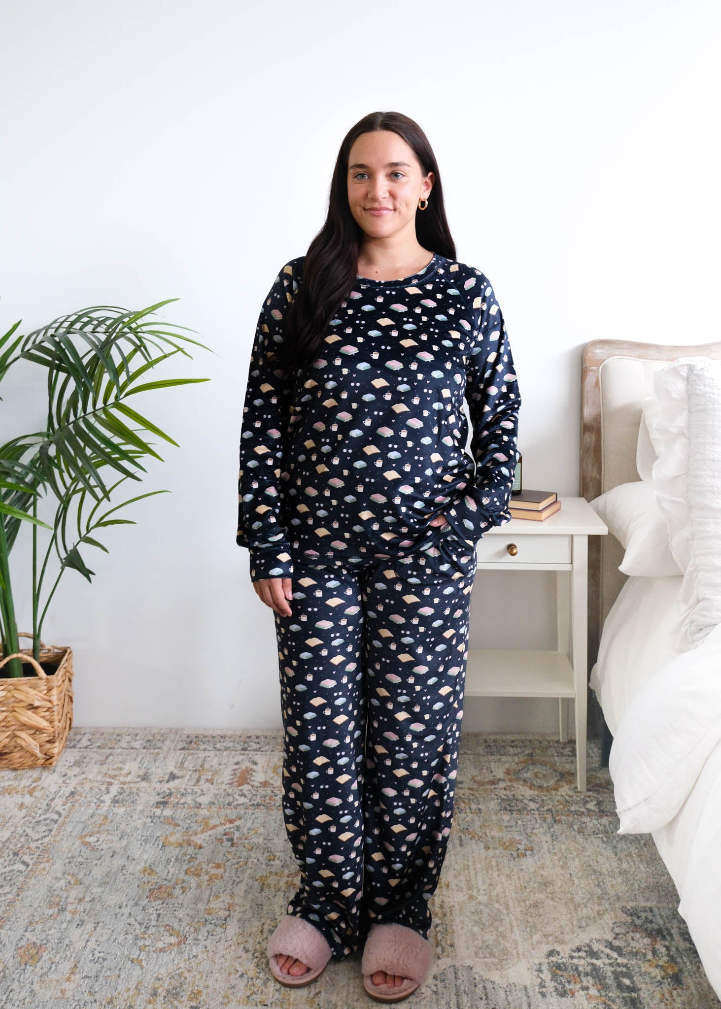 Miranda Nic Book Club Velvety Velour Straight Leg PJ Set front view on model — Cloud Nine Pajamas Edmonton