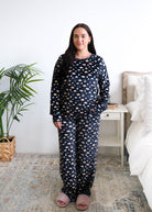 Miranda Nic Book Club Velvety Velour Straight Leg PJ Set front view on model — Cloud Nine Pajamas Edmonton