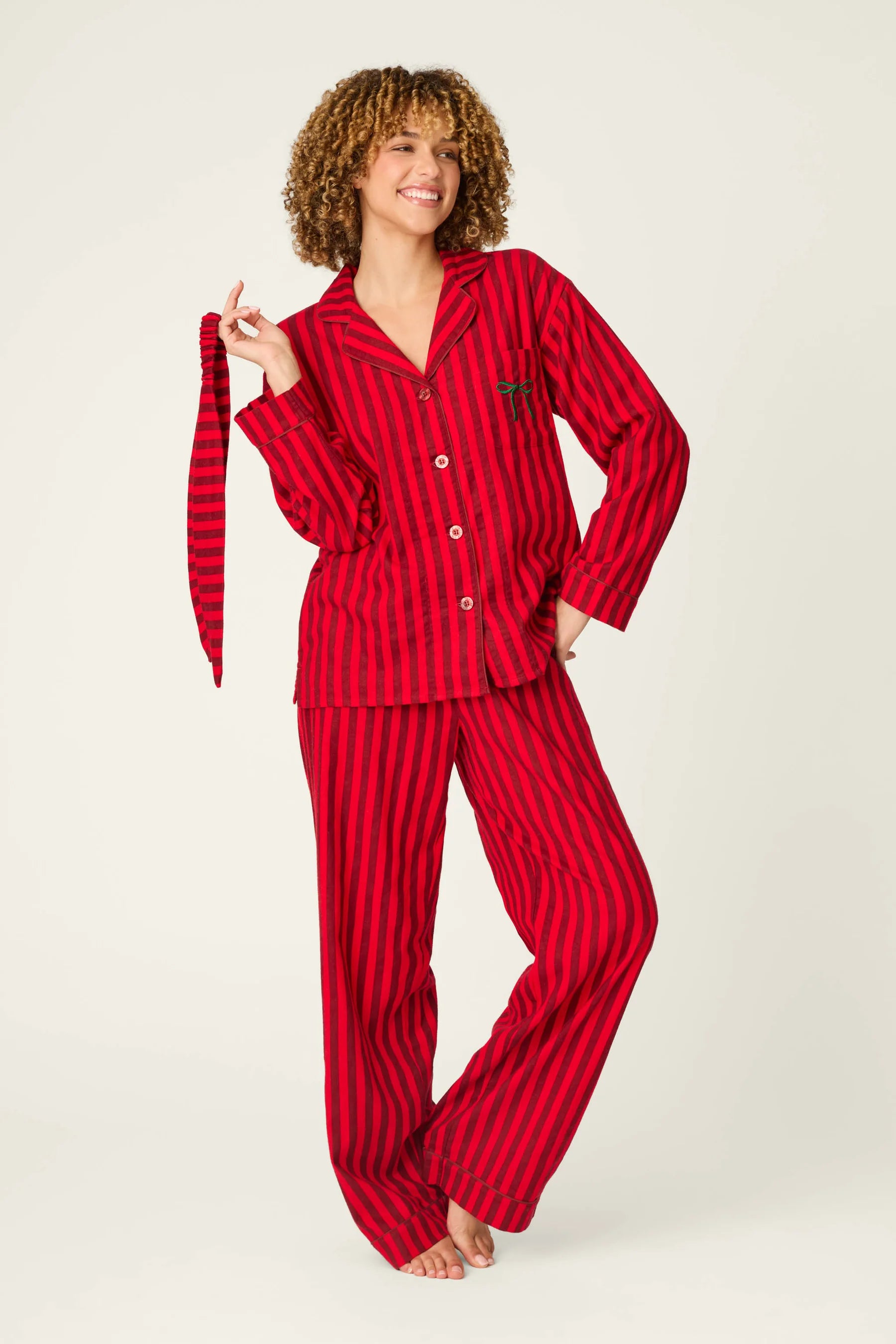 PJ Salvage Bow Icon 3-Piece Flannel PJ Set Red Stripe front view on model — Cloud Nine Pajamas Edmonton