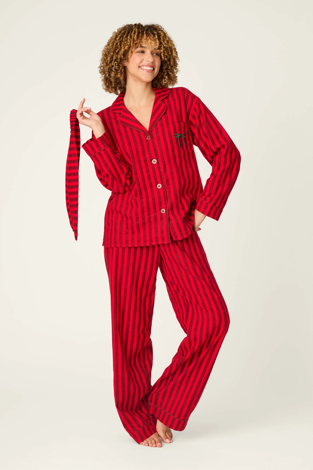 PJ Salvage Bow Icon 3-Piece Flannel PJ Set Red Stripe front view on model — Cloud Nine Pajamas Edmonton
