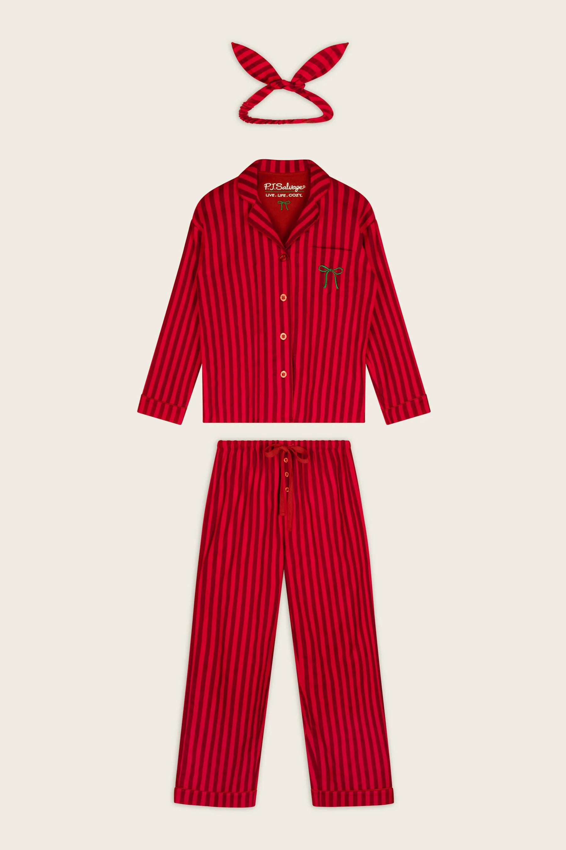 PJ Salvage Bow Icon 3-Piece Flannel PJ Set Red Stripe product shot flat lay— Cloud Nine Pajamas Edmonton