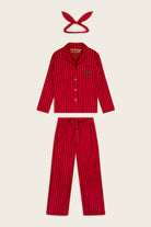 PJ Salvage Bow Icon 3-Piece Flannel PJ Set Red Stripe product shot flat lay— Cloud Nine Pajamas Edmonton