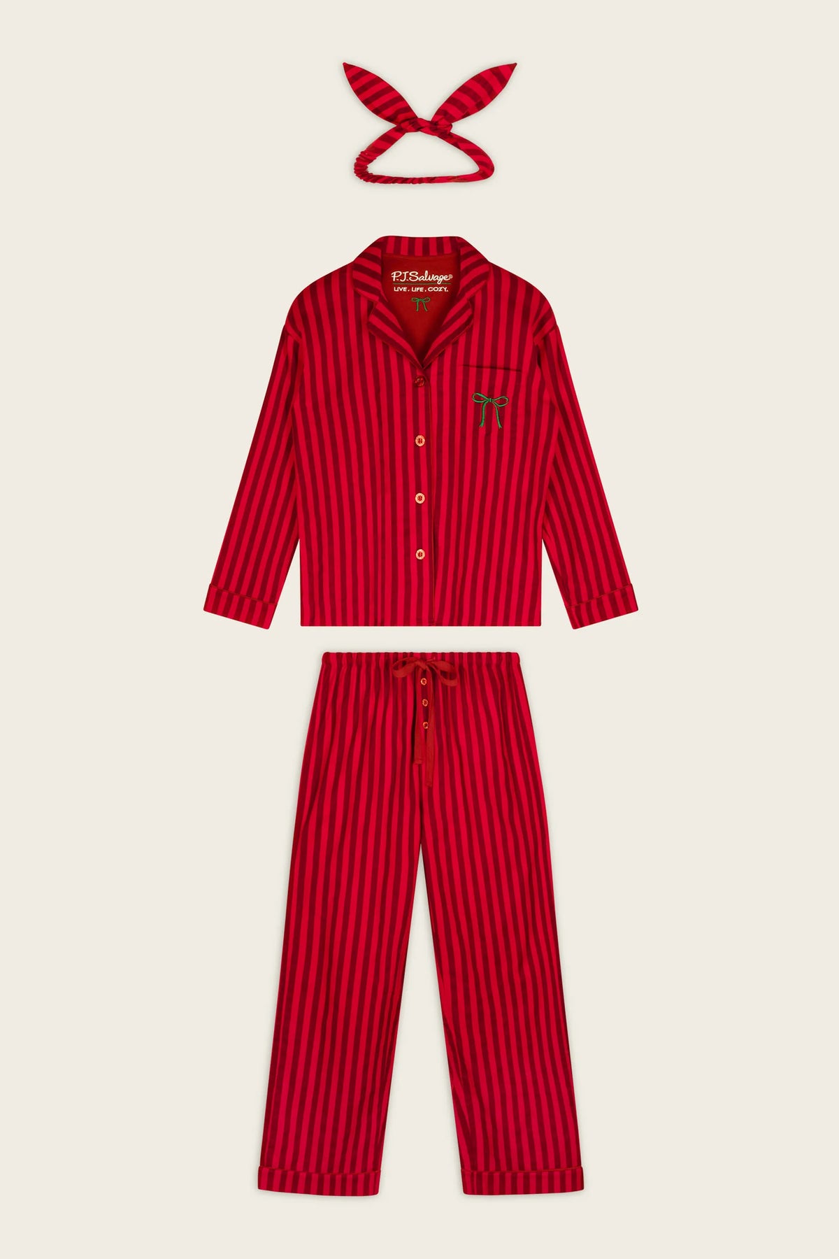 PJ Salvage Bow Icon 3-Piece Flannel PJ Set Red Stripe product shot flat lay— Cloud Nine Pajamas Edmonton
