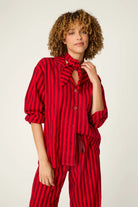 PJ Salvage Bow Icon 3-Piece Flannel PJ Set Red Stripe front view on model styled with hair wrap as necktie— Cloud Nine Pajamas Edmonton