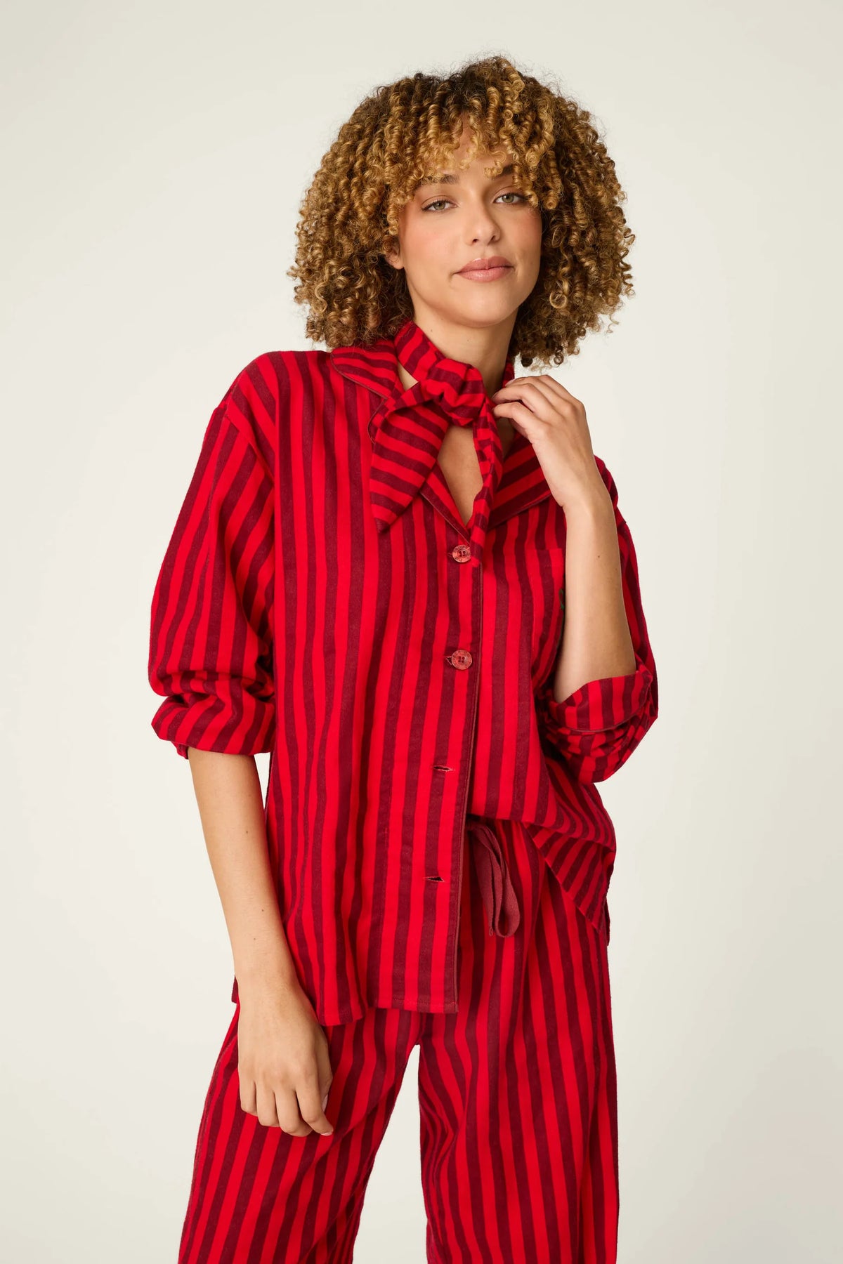 PJ Salvage Bow Icon 3-Piece Flannel PJ Set Red Stripe front view on model styled with hair wrap as necktie— Cloud Nine Pajamas Edmonton