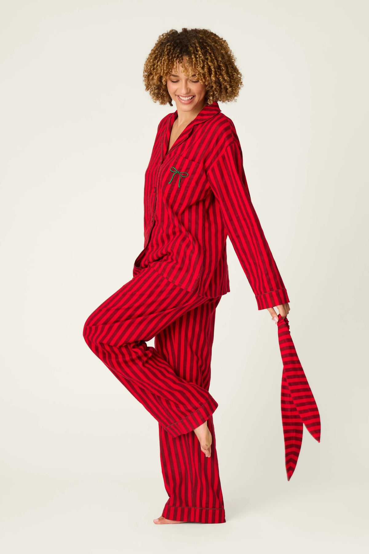 PJ Salvage Bow Icon Flannel Set model side view — Cloud Nine Pajamas Edmonton