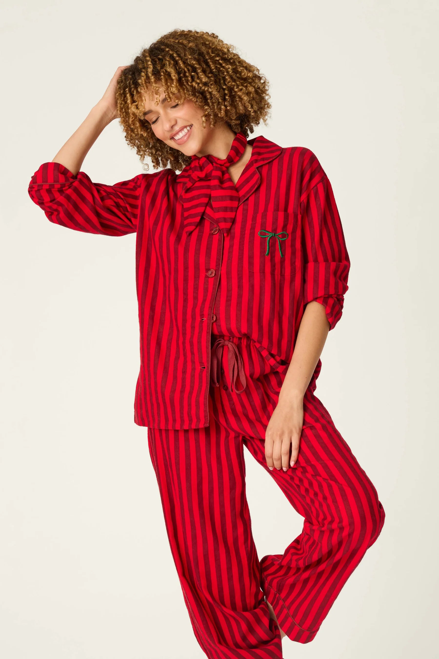 PJ Salvage Bow Icon Flannel Set embroidered green bow pocket detail close-up — Cloud Nine Pajamas