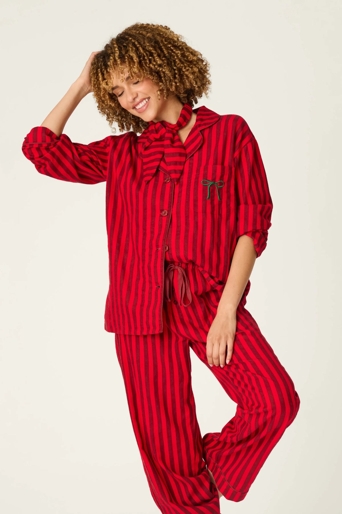 PJ Salvage Bow Icon Flannel Set embroidered green bow pocket detail close-up — Cloud Nine Pajamas