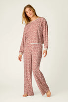 PJ Salvage Boyfriend Boxer Leopard Print PJ Set Dark Wine ivory front view on model — Cloud Nine Pajamas Edmonton