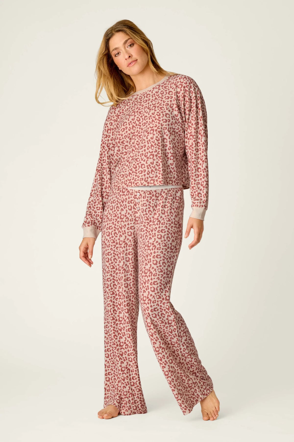 PJ Salvage Boyfriend Boxer Leopard Print PJ Set Dark Wine ivory front view on model — Cloud Nine Pajamas Edmonton