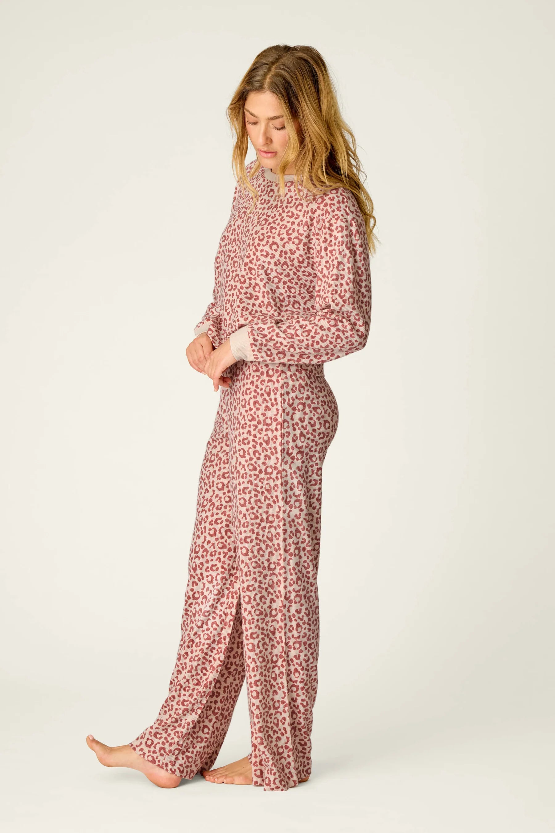 PJ Salvage Boyfriend Boxer Leopard PJ Set model side view — Cloud Nine Pajamas Edmonton