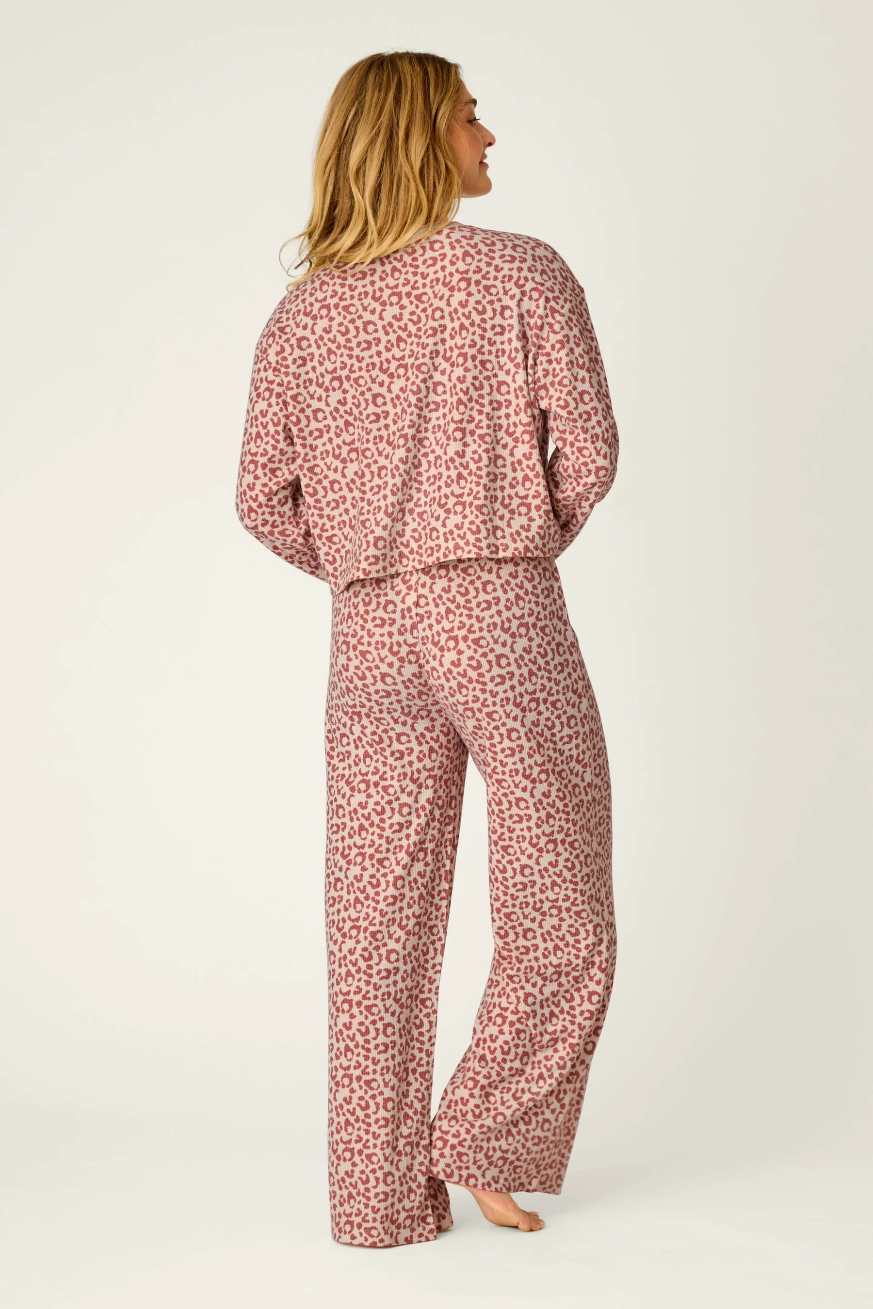 PJ Salvage Boyfriend Boxer Leopard PJ Set model back view — Cloud Nine Pajamas Edmonton